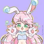  &lt;3 1:1 2019 animal_humanoid anthro biped blue_fur blush breasts bubble carrot clothed clothing digital_media_(artwork) esther.exe female food fur gloves green_eyes hair handwear hi_res humanoid lagomorph leporid looking_at_viewer mammal multicolored_fur navel open_mouth paws pink_nose plant rabbit simple_background small_breasts smile solo teeth tongue topwear usawa_fuwakaru vegetable white_background white_fur 