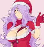  1girl alternate_costume bell between_breasts breasts camilla_(fire_emblem) center_opening cleavage cleavage_cutout closed_eyes fire_emblem fire_emblem_fates fur_trim gloves hair_over_one_eye hat kokomi_(aniesuakkaman) large_breasts lavender_hair long_hair looking_at_viewer pink_background red_gloves red_headwear santa_costume santa_hat signature simple_background smile solo upper_body waving wavy_hair 