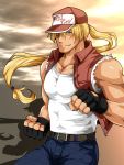  1boy absurdres bare_shoulders baseball_cap blonde_hair denim fatal_fury fingerless_gloves gloves hat highres jeans male_focus muscle nura pants shirt silhouette solo tank_top terry_bogard torn_clothes torn_shirt 