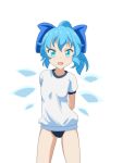  1girl alternate_costume alternate_hairstyle arms_behind_back bangs blue_eyes blue_hair buruma cato_(monocatienus) cirno commentary_request cowboy_shot furrowed_eyebrows hair_ribbon looking_at_viewer open_mouth ribbon shirt short_ponytail short_sleeves simple_background sleeve_cuffs solo standing t-shirt touhou white_background white_shirt wings 