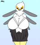  accipitriform aggressive_retsuko anthro avian beak big_breasts bird blue_background breasts clothed clothing eyes_closed feathers female hi_res huge_breasts mechaclank sanrio secretary_bird secretary_washimi simple_background solo standing thick_thighs white_feathers wide_hips 