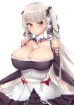  1girl absurdly_long_hair azur_lane black_dress blonde_hair blush breasts cleavage collar collarbone corset curtsey dress earrings elbow_gloves fingerless_gloves formidable_(azur_lane) frills gloves hair_ribbon huge_breasts jewelry kuavera long_hair parted_lips red_eyes ribbon solo twintails two-tone_ribbon very_long_hair white_background 