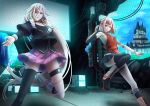  2girls :d absurdres amplifier ass asymmetrical_legwear black_legwear black_shirt blonde_hair blue_eyes blush braid castle cevio choker commentary_request dress fingerless_gloves gloves grin growthdoll highres huge_filesize ia_(vocaloid) knee_up kneehighs leg_up long_hair looking_at_viewer medium_hair multicolored_hair multiple_girls one_(cevio) open_mouth orange_hair pink_skirt screen shirt single_glove skirt sleeveless sleeveless_dress smile speaker stage standing standing_on_one_leg thigh_strap thighhighs thighs twin_braids two-tone_dress two-tone_hair very_long_hair vocaloid 