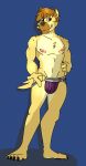  2019 absurd_res anthro biped bottomwear bulge clothed clothing digital_media_(artwork) fuzeyeen hair hi_res hyaenid jockstrap looking_at_viewer male mammal muscular muscular_male nipples pose simple_background smile solo spots spotted_hyena standing sylvanedadeer topless underwear 