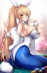  1girl animal_ears artoria_pendragon_(all) artoria_pendragon_(swimsuit_ruler)_(fate) ass bangs blonde_hair blue_legwear blush braid breasts bunny_ears bunnysuit detached_collar fate/grand_order fate_(series) feather_boa fishnet_pantyhose fishnets french_braid green_eyes hair_between_eyes large_breasts leotard long_hair looking_at_viewer pantyhose parted_lips poker_chip poker_table ponytail sidelocks sitting smile solo thighs tiara untsue white_leotard wrist_cuffs 