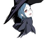  1girl abstract blue_hair cropped_torso eyebrows from_side glasses hat hood hood_down little_witch_academia long_hair looking_at_viewer open_mouth pocari_sweat_(artist) red_eyes rimless_eyewear robe sideways_glance simple_background smile solo upper_body ursula_charistes white_background witch witch_hat 