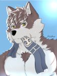  2019 anthro black_nose brown_fur canid canine canis fur horkeukamui male mammal multicolored_fur outside scar sky solo sun tokyo_afterschool_summoners two_tone_fur video_games white_fur wolf y2shuu yellow_eyes 