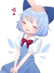  1girl :d ^_^ bangs blue_bow blue_dress blue_hair blush bow bowtie cirno closed_eyes collared_shirt drawn_wings dress eringi_(rmrafrn) eyebrows_visible_through_hair eyes_visible_through_hair fang hair_bow hand_on_another&#039;s_head heart highres ice ice_wings open_mouth puffy_short_sleeves puffy_sleeves red_neckwear shirt short_hair short_sleeves simple_background sleeveless sleeveless_dress smile solo_focus touhou white_background white_shirt wings 
