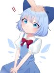  !! 1girl bangs blue_bow blue_dress blue_eyes blue_hair blush bow bowtie cirno closed_mouth collared_shirt commentary_request drawn_wings dress eringi_(rmrafrn) eyebrows_visible_through_hair eyes_visible_through_hair hair_between_eyes hair_bow hand_on_another&#039;s_head highres ice ice_wings looking_at_viewer puffy_short_sleeves puffy_sleeves red_neckwear shirt short_hair short_sleeves simple_background sleeveless sleeveless_dress solo_focus touhou white_background white_shirt wings 