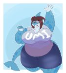  anthro belly big_breasts blue_skin bottomwear breasts brown_hair clothing crescent-blue-zero eyewear female fish glasses hair hi_res huge_breasts marine obese obese_female overweight overweight_female pants shark shirt smile solo topwear 