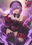  1girl automaton_(object) bangs bare_shoulders belt beret black_coat black_dress black_headwear black_legwear blush book breasts coat colonel_olcott_(fate/grand_order) detached_collar detached_sleeves doll dress fate/grand_order fate_(series) frills hand_on_hip hat helena_blavatsky_(fate/grand_order) highres looking_at_viewer mashuu_(neko_no_oyashiro) off_shoulder open_book open_clothes open_coat open_mouth purple_eyes purple_hair short_dress short_hair small_breasts smile solo strapless strapless_dress thighhighs thighs 