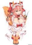  1girl animal_ear_fluff animal_ears apron bangs bell bell_collar between_fingers blush bow breasts cat_hair_ornament cat_paws claws cleavage collar fangs fate/extra fate/grand_order fate_(series) fox_ears fox_girl fox_tail frilled_apron frills full_body gloves hair_between_eyes hair_bow hair_ornament highres jingle_bell kanachirou knife ladle large_breasts long_hair looking_at_viewer naked_apron open_mouth paw_gloves paw_shoes paws pink_hair ponytail red_bow shoes sidelocks simple_background smile solo tail tamamo_(fate)_(all) tamamo_cat_(fate) thighs yellow_eyes 