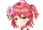  1girl absurdres ahoge bangs blush cherry_blossoms closed_mouth eyebrows_visible_through_hair flower green_eyes hair_between_eyes hair_flower hair_ornament hairclip head_only highres hololive looking_at_viewer medium_hair namekuji_ojiichan one_side_up pink_hair sakura_miko smile solo tied_hair transparent_background virtual_youtuber 