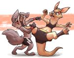  angry anthro balancing_on_tail blue_eyes bottomwear boxing brown_fur canid canine choecoga claws clothed clothing digitigrade duo eyelashes eyes_closed female fight fingerless_gloves fur gloves grey_fur handwear kangaroo kick macropod male mammal marsupial open_mouth shorts sport tongue 