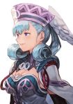  1girl blue_eyes blush breasts curly_hair elbow_gloves gloves hankuri hat head_wings jewelry long_hair looking_at_viewer medium_breasts melia silver_hair simple_background smile solo xenoblade_(series) xenoblade_1 