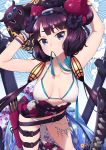  1girl animal arms_up bangs bare_shoulders bikini blue_eyes breasts collarbone commentary_request eyebrows_visible_through_hair fate/grand_order fate_(series) floral_print goggles goggles_on_head hair_ornament highres katsushika_hokusai_(fate/grand_order) leaning_forward lo_xueming long_hair low_twintails medium_breasts navel octopus patreon_username purple_hair swimsuit tokitarou_(fate/grand_order) twintails v-shaped_eyebrows very_long_hair watermark white_bikini 