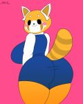  aggressive_retsuko ailurid anthro big_breasts big_butt black_eyes black_nose blush breasts butt clothed clothing female fur hi_res looking_at_viewer looking_back mammal mechaclank pink_background red_panda retsuko sanrio simple_background smile solo standing thick_thighs wide_hips 
