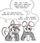  anthro clothed clothing cup domestic_cat drinking duo english_text felid feline felis female friends hat headgear headwear hoodie hypnosis lagomorph leporid male mammal mind_control panken rabbit simple_background smile speech_bubble straw text topwear white_background 