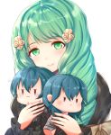  1girl bow byleth_(fire_emblem) byleth_(fire_emblem)_(female) byleth_(fire_emblem)_(male) character_doll closed_mouth doll fire_emblem fire_emblem:_three_houses flayn_(fire_emblem) garreg_mach_monastery_uniform green_eyes green_hair hair_ornament highres holding holding_doll long_hair mashiro_shirou simple_background smile solo uniform upper_body white_background 