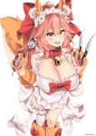  1girl animal_ear_fluff animal_ears apron bangs bell bell_collar between_fingers blush bow breasts cat_hair_ornament cat_paws claws cleavage collar fangs fate/extra fate/grand_order fate_(series) fox_ears fox_girl fox_tail frilled_apron frills gloves hair_between_eyes hair_bow hair_ornament highres jingle_bell kanachirou knife ladle large_breasts long_hair looking_at_viewer naked_apron open_mouth paw_gloves paw_shoes paws pink_hair ponytail red_bow shoes sidelocks simple_background smile solo tail tamamo_(fate)_(all) tamamo_cat_(fate) thighs yellow_eyes 
