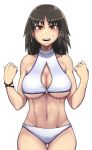  1girl abs bangs bikini black_hair bracelet breasts brown_eyes cleavage clenched_hands commentary cowboy_shot eyebrows_visible_through_hair frown girls_und_panzer groin half-closed_eyes highres jewelry large_breasts long_hair looking_at_viewer murakami_(girls_und_panzer) open_mouth ringer3727 simple_background solo standing sweatdrop swimsuit thigh_gap underboob unzipped w_arms white_background white_bikini zipper 