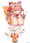  1girl animal_ear_fluff animal_ears apron apron_pull bangs bell bell_collar between_fingers blush bow breasts breasts_outside cat_hair_ornament cat_paws claws cleavage collar fangs fate/extra fate/grand_order fate_(series) fox_ears fox_girl fox_tail frilled_apron frills full_body gloves hair_between_eyes hair_bow hair_ornament highres jingle_bell kanachirou knife ladle large_breasts long_hair looking_at_viewer naked_apron nipples open_mouth paw_gloves paw_shoes paws pink_hair ponytail puffy_nipples red_bow shoes sidelocks simple_background smile solo tail tamamo_(fate)_(all) tamamo_cat_(fate) thighs yellow_eyes 