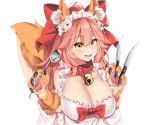  animal_ears bell bow breasts cleavage collar cropped elbow_gloves fate/grand_order fate_(series) foxgirl gloves headdress kanachirou knife long_hair maid pink_hair tail tamamo_no_mae_(fate) white yellow_eyes 