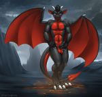 2019 3_toes 5_fingers anthro balls black_hair black_skin claws dragon ember-dragoness erection fingers hair hands_on_hips hi_res horn humanoid_penis looking_at_viewer male membrane_(anatomy) membranous_wings pecs penis red_eyes red_skin smile solo standing toe_claws toes wings 