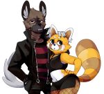  aggressive_retsuko ailurid anthro black_eyes bottomwear breasts brown_fur clothed clothing danny-chama duo female fur haida hand_on_head hand_on_hip hyaenid jacket looking_at_viewer male male/female mammal open_mouth red_panda retsuko sanrio simple_background size_difference skirt spotted_hyena standing striped_shirt teeth topwear white_background white_fur yellow_fur 