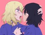  2girls after_kiss andou_(girls_und_panzer) bangs bc_freedom_school_uniform black_hair blonde_hair blood blood_on_face blue_eyes face-to-face girls_und_panzer hand_around_neck hand_on_another&#039;s_head high_collar kiss long_sleeves medium_hair messy_hair multiple_girls open_mouth oshida_(girls_und_panzer) pink_background school_uniform shimo_gatake simple_background tongue yuri 