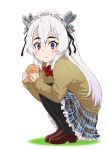  1girl :t black_legwear blush brown_footwear cardigan chaika_trabant closed_mouth collared_shirt commentary_request eyebrows_visible_through_hair food food_on_face from_side full_body hair_between_eyes hairband highres hitsugi_no_chaika holding holding_food loafers lolita_hairband long_hair looking_at_viewer plaid plaid_skirt purple_eyes red_neckwear shirt shoes skirt solo squatting taiyaki ueyama_michirou very_long_hair wagashi white_background white_hair wing_collar 