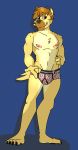  2019 absurd_res anthro biped bottomwear briefs bulge clothed clothing digital_media_(artwork) fuzeyeen hair hi_res hyaenid looking_at_viewer male mammal muscular muscular_male nipples pose simple_background smile solo spots spotted_hyena standing sylvanedadeer topless underwear 