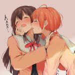  2girls ahoge black_hair blush closed_eyes finger_to_mouth highres koito_yuu long_hair multiple_girls nanami_touko open_mouth orange_hair pink_neckwear ringocha_(appleteatea) saliva saliva_trail school_uniform short_hair teeth tongue tongue_out yagate_kimi_ni_naru yellow_neckwear 