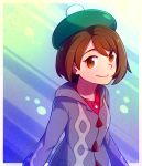  1girl brown_eyes brown_hair commentary english_commentary female_protagonist_(pokemon_swsh) grey_jacket hat jacket looking_at_viewer pokemon pokemon_(game) pokemon_swsh pom_pom_(clothes) short_hair smile solo speckticuls tam_o&#039;_shanter 