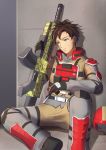  1boy assault_rifle brown_eyes brown_hair cigarette earth_defense_force gloves gun headwear_removed helmet helmet_removed maku_ro male_focus military military_uniform ranger_(edf) rifle short_hair sitting soldier solo uniform weapon 