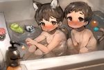  2boys :p animal_ears bath bathing blush brown_eyes brown_hair dog_ears dog_tail dogboy highres looking_at_viewer male_focus multiple_boys nipples original shirokujira shota tail tongue tongue_out wet 