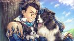  1boy animal arm_up bare_shoulders black_hair blue_sky brown_eyes closed_eyes cloud commentary_request day diarmuid_ua_duibhne_(fate/grand_order) dog dog_request fate/grand_order fate_(series) gauntlets grin hagino_kouta hair_strand male_focus mole mole_under_eye outdoors sitting sky sleeveless smile solo tongue tongue_out tree twitter_username upper_body v-shaped_eyebrows 