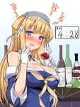  1girl alcohol blonde_hair blue_eyes blue_shirt bottle breasts cleavage cup double_bun drinking_glass drunk fletcher_(kantai_collection) gloves hair_ornament hairband highres kantai_collection large_breasts long_hair mizunoe_kotaru neckerchief off_shoulder sailor_collar school_uniform serafuku shin_guards shirt skirt star star_hair_ornament white_gloves white_sailor_collar white_skirt wine wine_bottle wine_glass yellow_neckwear 