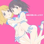  2girls bikini black_hair blonde_hair blue_eyes brown_eyes commentary_request face-to-face hand_on_another&#039;s_waist high_heels hug idolmaster idolmaster_million_live! legs_up looking_at_viewer multiple_girls nakatani_iku navel open_mouth pink_background sailor_collar sandals short_hair side_ponytail simple_background sketch smile sumitomo suou_momoko swimsuit toes translation_request white_bikini 