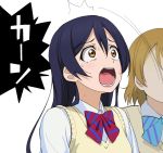  a1 bangs blue_hair blush bow bowtie commentary_request eyebrows_visible_through_hair hair_between_eyes koizumi_hanayo long_hair love_live! love_live!_school_idol_project multiple_girls open_mouth otonokizaka_school_uniform red_neckwear school_uniform simple_background solo_focus sonoda_umi striped striped_neckwear sweatdrop vest white_background yellow_eyes 