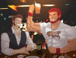  2boys abeberries abs bara beard beer_mug blush bottle bracelet bursting_pecs chest chopsticks closed_eyes facial_hair fate/grand_order fate_(series) highres impossible_clothes jewelry male_focus multiple_boys muscle napoleon_bonaparte_(fate/grand_order) one_eye_closed open_mouth pectorals red_hair rider_(fate/zero) shirt sideburns smile t-shirt teeth vest 
