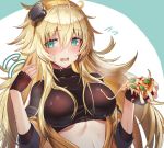  1girl bangs blonde_hair blush breasts dakunesu embarrassed eyebrows_visible_through_hair fang food girls_frontline gloves green_eyes hair_between_eyes hair_ornament hairband holding holding_food hot jacket long_hair looking_at_viewer messy_hair motion_lines off_shoulder open_clothes open_jacket open_mouth orange_hairband pizza s.a.t.8_(girls_frontline) sidelocks solo sweat very_long_hair 