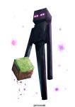  block commentary dirt enderman full_body glowing glowing_eyes grass holding kei-suwabe long_legs minecraft purple_eyes simple_background solo standing twitter_username white_background 