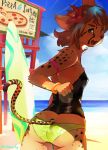 beach blue_eyes brown_hair clothing cloud english_text felid flower fur hair hi_res kemono leopard looking_back mammal open_mouth open_smile pantherine plant sand sea seaside sky smile solo standing surfboard swimwear takeaki text water yellow_fur タケアキ 
