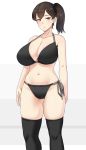  1girl bikini black_bikini black_hair black_legwear breasts brown_eyes cleavage collarbone commentary_request contrapposto feet_out_of_frame highres huge_breasts kaga_(kantai_collection) kantai_collection long_hair looking_at_viewer navel ryuun_(stiil) side-tie_bikini side_ponytail simple_background solo standing swimsuit thighhighs tsurime white_background 