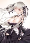  1girl absurdres azur_lane bangs bare_shoulders between_breasts black_dress blush breasts bridal_gauntlets cleavage dress earrings eyebrows_visible_through_hair floating_hair formidable_(azur_lane) frilled_dress frills grey_hair hair_ornament hair_ribbon higandgk highres jewelry large_breasts long_hair long_sleeves looking_at_viewer red_eyes ribbon skirt_hold solo twintails wind 