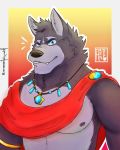  2019 adastra amicus_(adastra) angry anthro arenartpix_wolf black_fur blue_eyes bottomwear canid canine canis clothing countershading fangs fur grey_fur jewelry looking_at_viewer male mammal musclegut muscular muscular_male necklace nipples piercing solo wolf 
