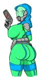  2017 3_fingers alien armor ayllana_(mortal_rot) belt blue_clothing bodysuit breasts butt clothed clothing cyan_stripes digital_media_(artwork) eyebrows eyelashes female fingers gas_mask gauntlets gloves gun hand_on_hip handgun handwear hazmat_suit hi_res hood humanoid looking_back mask mass_effect mortal_rot portrait quarian ranged_weapon shoulder_guards side_boob simple_background skinsuit solo teal_clothing tight_clothing video_games weapon white_background 