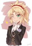  1girl bangs black_jacket black_neckwear blonde_hair blush braid breasts commentary darahan eyebrows_visible_through_hair fang fate/grand_order fate_(series) flower formal gloves green_eyes hair_ornament hair_scrunchie jacket long_hair looking_at_viewer mordred_(fate) mordred_(fate)_(all) necktie one_eye_closed ponytail red_scrunchie scrunchie shirt skin_fang smile solo upper_body white_flower white_gloves white_shirt 