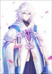  1boy bangs black_border border cowboy_shot fate/grand_order fate_(series) hair_between_eyes kei-suwabe long_hair long_sleeves looking_at_viewer male_focus merlin_(fate) open_hand outstretched_hand petals purple_eyes robe simple_background smile solo twitter_username very_long_hair white_background white_hair wide_sleeves 